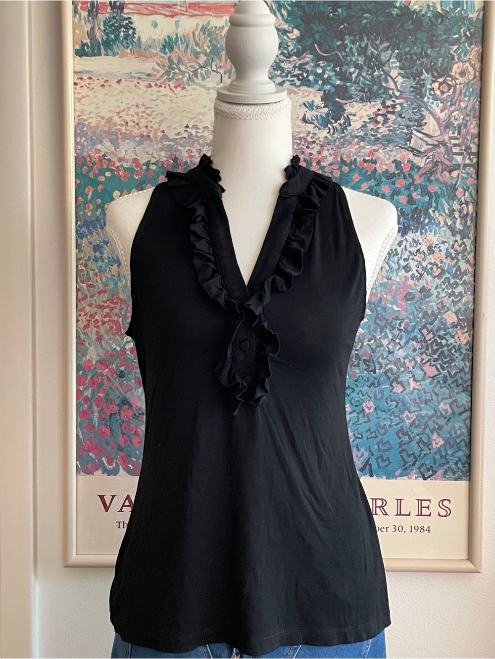 Vintage Y2K Black Ruffle Trim V-Neck Tank Top Sz M Boho Coquette Minimalist